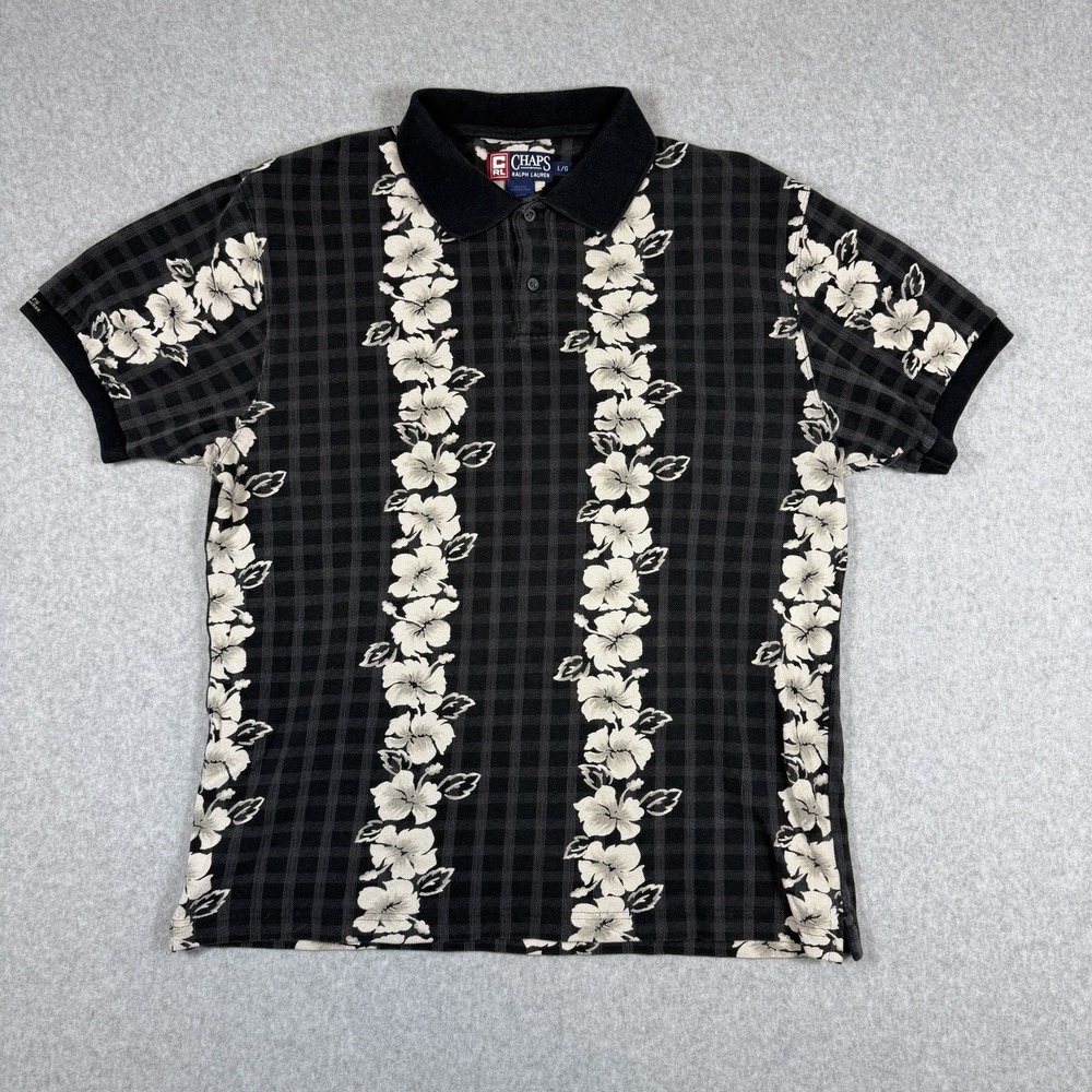 Vintage 90s Chaps Ralph Lauren Polo Shirt Black White Floral Stripes Aloha Retro
